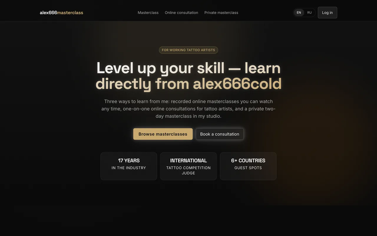 Alex666 Masterclass website — homepage screenshot